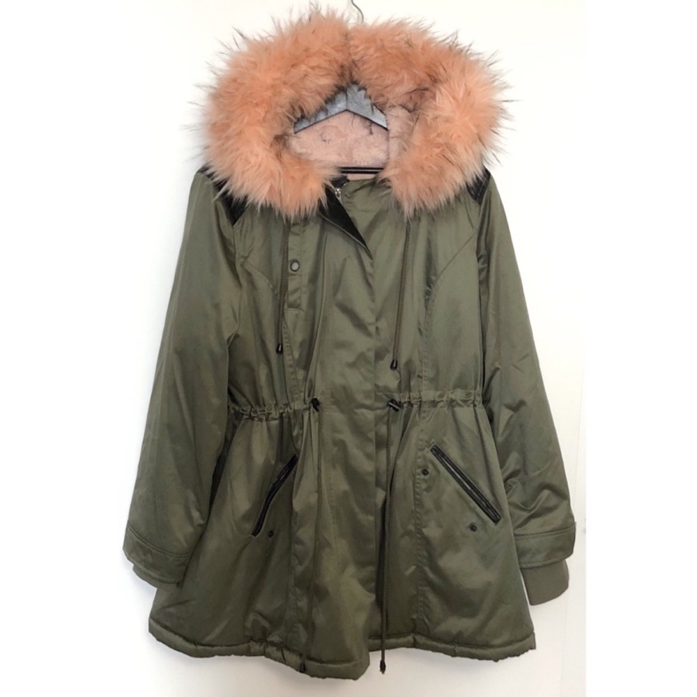 Torrid Khaki Green Winter Jacket with Pink Faux Fur trim